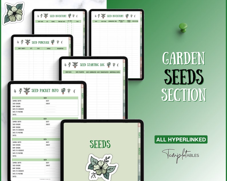 May include: A set of printable digital planner pages for organizing garden seeds. The pages include sections for seed inventory, seed purchase, seed packet info, and seed starting log. The pages are designed with a green and white color scheme and feature a floral illustration.