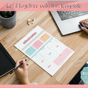 May include: A printable planner template with the title "Getting it Together" in pink and blue lettering. The template has sections for "To Do", "Notes", "Dinner for Tonight", "Menu", "Grocery", "Bills", and "Other".