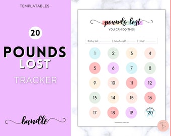 Weight Loss Tracker, 20 lbs, Pack of 5 Pounds Lost Trackers, 10 20, 30, 50, 100, Printable Weight Loss Chart, Fitness Journal, Diet Habit