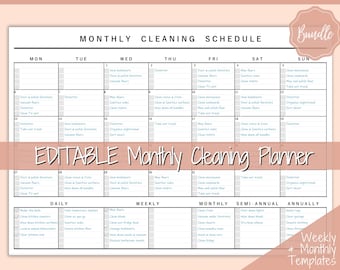 Monthly Cleaning Schedule, EDITABLE Checklist , Cleaning Planner, Weekly House Chores, Clean Home Routine, Bundle, Challenge