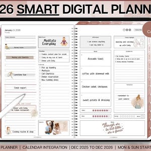 May include: A digital planner for 2026, displayed on a tablet, with a white stylus. The planner includes sections for daily tasks, affirmations, and meal planning. Features Apple and Google calendar integration. The planner has a clean, minimalist design.
