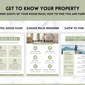 May include: Three printable house rules guides for guests. The first guide is titled "Helpful House Guide" and includes information about temperature, TV and Netflix, laundry, and trash. The second guide is titled "House Rules" and includes information about no smoking, no parties, no pets, quiet time, please recycle, and enjoy yourself. The third guide is titled "Getting Around and Parking" and includes information about parking guidelines, walking, train, buses, and airport transportation.