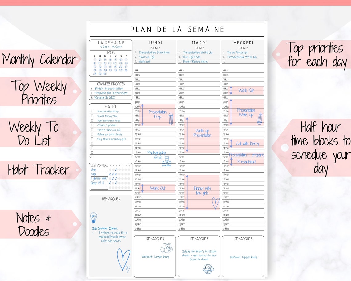 FRENCH Weekly Planner Printable Français Hourly Planner Etsy