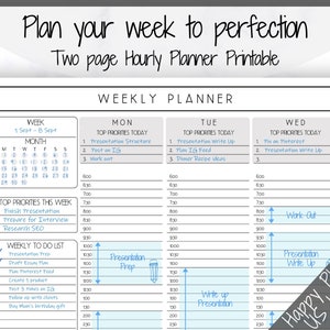 May include: A weekly planner printable with a blue and white color scheme. The planner includes a calendar, a to-do list, and hourly time slots for each day of the week. The planner is labeled "Happy Planner, US Letter & A4".