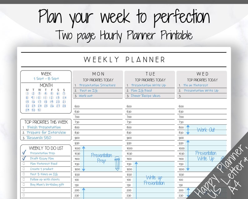 May include: A weekly planner printable with a blue and white color scheme. The planner includes a calendar, a to-do list, and hourly time slots for each day of the week. The planner is labeled "Happy Planner, US Letter & A4".