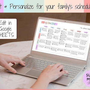 May include: A laptop computer displaying a printable family chore chart in Google Sheets. The chart is color-coded and includes a list of chores for each day of the week. The text "Family Chore Chart" and "The Johnson Family" are visible on the chart. The laptop is sitting on a table with a cup of coffee in the background.