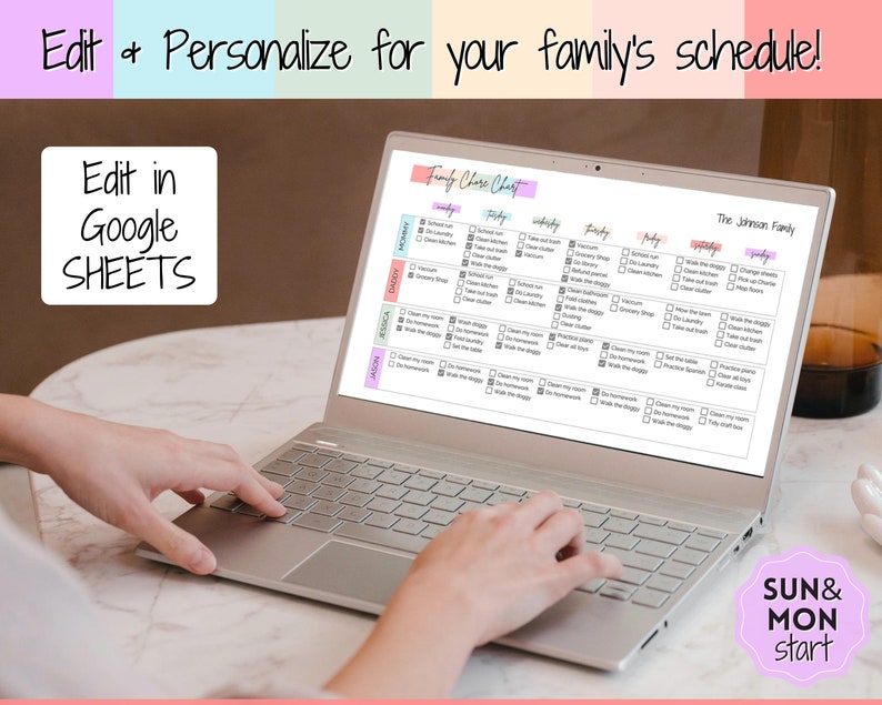 May include: A laptop computer displaying a printable family chore chart in Google Sheets. The chart is color-coded and includes a list of chores for each day of the week. The text "Family Chore Chart" and "The Johnson Family" are visible on the chart. The laptop is sitting on a table with a cup of coffee in the background.