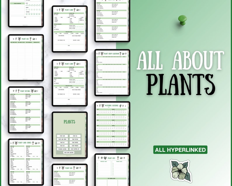 May include: A digital planner with a green and white color scheme, featuring a variety of printable pages for plant care, plant inventory, and gardening schedules. The text "ALL ABOUT PLANTS" and "ALL HYPERLINKED" is displayed on the page.