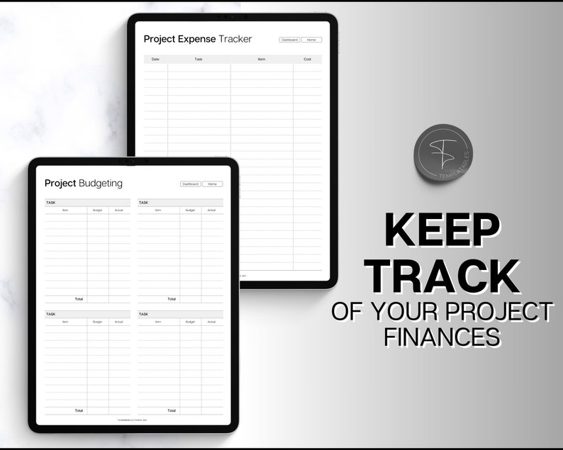 May include: Two printable digital planners for project budgeting and expense tracking. The planners are displayed on a tablet screen with a white background. The text "KEEP TRACK OF YOUR PROJECT FINANCES" is displayed in black text on a white background.