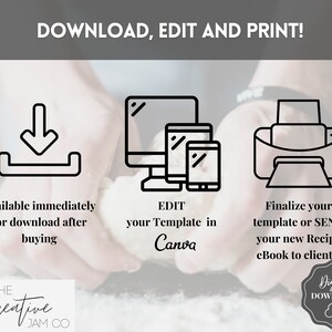 Puede incluir: Un gr&aacute;fico de descarga digital con tres iconos: una flecha de descarga, una pantalla de ordenador y una impresora. El texto dice: "&iexcl;Descarga, edita e imprime!"  "Disponible inmediatamente para descargar despu&eacute;s de comprar"  "Edita tu plantilla en Canva"  "&iexcl;Finaliza tu plantilla o ENV&Iacute;A tu nuevo libro electr&oacute;nico de recetas a tus clientes!"  "The Creative Jam Co."