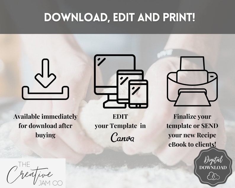Puede incluir: Un gr&aacute;fico de descarga digital con tres iconos: una flecha de descarga, una pantalla de ordenador y una impresora. El texto dice: "&iexcl;Descarga, edita e imprime!"  "Disponible inmediatamente para descargar despu&eacute;s de comprar"  "Edita tu plantilla en Canva"  "&iexcl;Finaliza tu plantilla o ENV&Iacute;A tu nuevo libro electr&oacute;nico de recetas a tus clientes!"  "The Creative Jam Co."