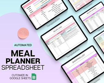 Meal Planner Spreadsheet, Recipe Template, AUTOMATED Grocery List, Weekly Family Meal Prep, Digital Meal Plan, Shopping List, Google Sheets