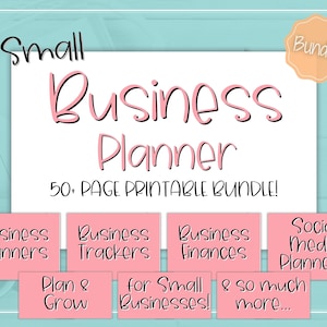 May include: A pink and white printable bundle of business planner pages. The bundle includes sections for business planners, trackers, finances, social media planners, and more. The text "50+ PAGE PRINTABLE BUNDLE!" is written in black on a white background.