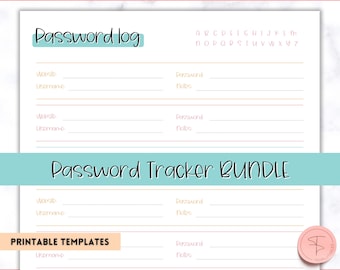 Pode incluir: Modelo de registro de senha imprimível com um design rosa e dourado. O modelo tem seções para o site, o nome de usuário, a senha e as notas. O texto "Password Tracker Bundle" está impresso em preto sobre um fundo turquesa.