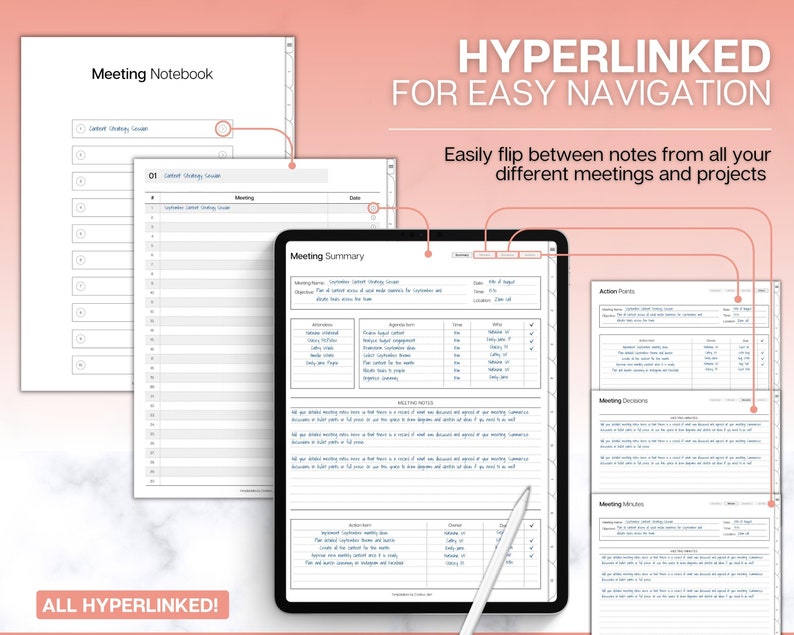 Digital Meeting Notes Template, Editable Meeting Minutes, Digital ...