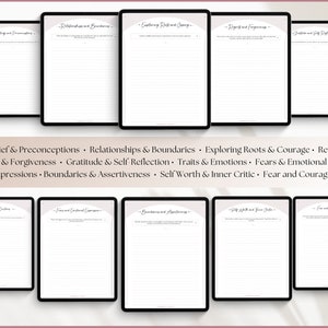 May include: A printable worksheet with a light gray background and black text. The worksheet is divided into sections with titles such as "Belief & Preconceptions", "Relationships & Boundaries", "Exploring Roots & Courage", "Regrets & Forgiveness", "Gratitude & Self Reflection", "Traits & Emotions", "Fears & Emotional Expressions", "Boundaries & Assertiveness", "Self Worth & Inner Critic", and "Fear and Courage".