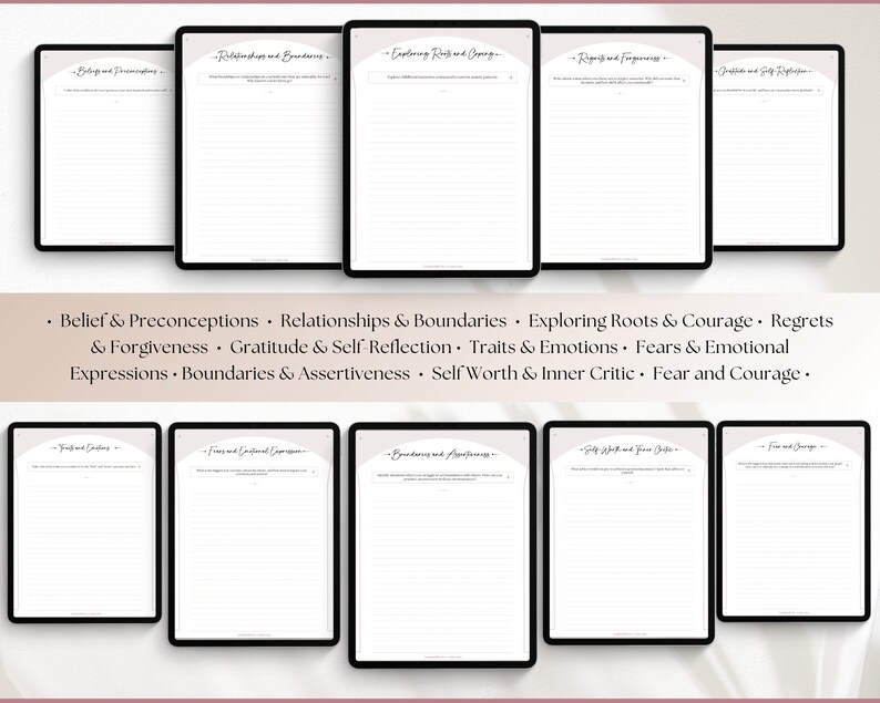 May include: A printable worksheet with a light gray background and black text. The worksheet is divided into sections with titles such as "Belief & Preconceptions", "Relationships & Boundaries", "Exploring Roots & Courage", "Regrets & Forgiveness", "Gratitude & Self Reflection", "Traits & Emotions", "Fears & Emotional Expressions", "Boundaries & Assertiveness", "Self Worth & Inner Critic", and "Fear and Courage".