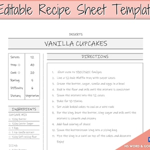 Recipe Book template, EDITABLE Recipe Sheet Template, Recipe Cards, Minimal Recipe Binder, 8.5x11 Printable Farmhouse, Food Planner Journal