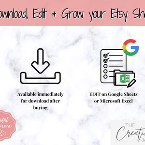 May include: Downloadable Etsy shop inventory template with a Google Sheets icon and a download icon. The text reads "Download, Edit & Grow your Etsy Shop!" and "Available immediately for download after buying".