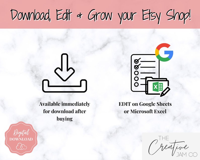 May include: Downloadable Etsy shop inventory template with a Google Sheets icon and a download icon. The text reads "Download, Edit & Grow your Etsy Shop!" and "Available immediately for download after buying".