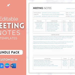 Meeting Notes Template, Editable Meeting Minutes, Printable Business Project Record, Agenda, Note Taking, Zoom, Canva, Word, Google Docs PDF