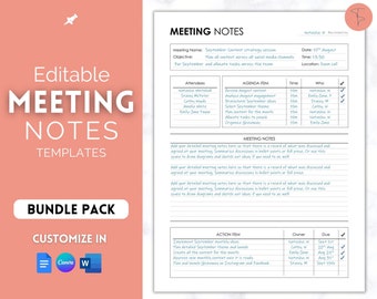 Meeting Notes Template, Editable Meeting Minutes, Printable Business Project Record, Agenda, Note Taking, Zoom, Canva, Word, Google Docs PDF