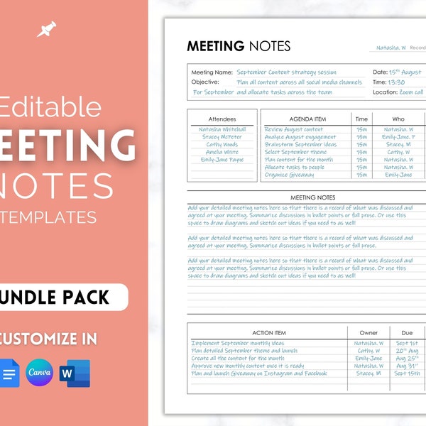 Meeting Notes Template, Editable Meeting Minutes, Printable Business Project Record, Agenda, Note Taking, Zoom, Canva, Word, Google Docs PDF