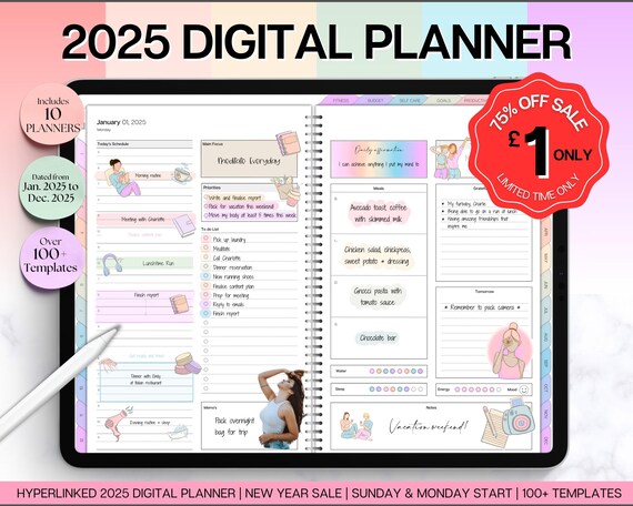 COLORFUL 2025 Digital Planner, ON SALE, GoodNotes Planner, Daily Weekly, Monthly Planner, Undated Life Planner, Notability, iPad Planner