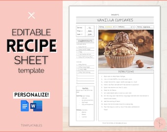 EDITABLE Recipe Sheet Template, Recipe Book template, Recipe Cards, Minimal Recipe Binder, 8.5x11 Printable Farmhouse, Food Planner Journal