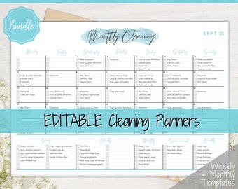 Cleaning Schedule, EDITABLE Monthly  Checklist , Cleaning Planner, Weekly House Chores, Clean Home Routine, Bundle, Challenge