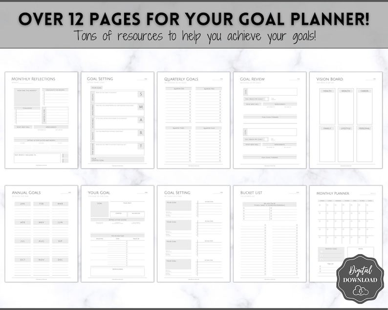 Doelplanner BUNDEL, 2024 Doelen Tracker, SMART Goal Setting Kit, Nieuwjaar, Maandelijkse gewoonten Reflecties, Productiviteit, Vision Board Printables afbeelding 2