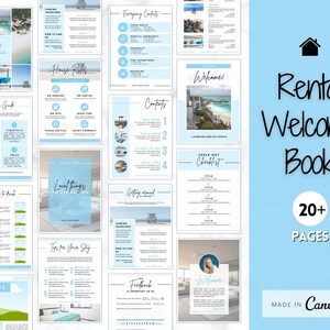 Op de afbeelding: Een blauwe en witte welkomstboektemplate voor huurwoningen. De omslag heeft een huisstijlpictogram en de tekst "Rental Welcome Book" met de tagline "20+ PAGES" en "MADE IN Canva".