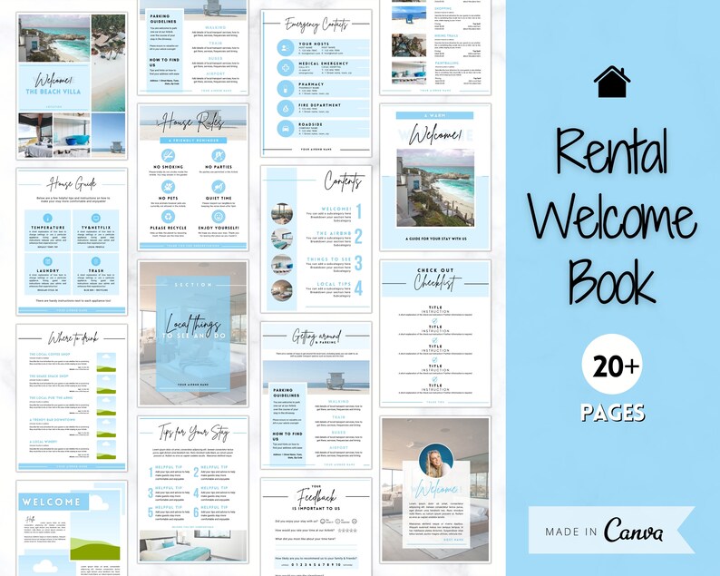 Op de afbeelding: Een blauwe en witte welkomstboektemplate voor huurwoningen. De omslag heeft een huisstijlpictogram en de tekst "Rental Welcome Book" met de tagline "20+ PAGES" en "MADE IN Canva".