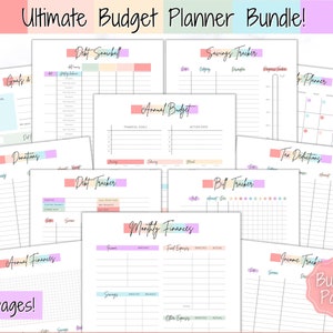 Könnte beinhalten: Ein druckbares Budgetplaner-Paket mit 24 Seiten. Die Seiten sind in Kategorien wie Ziele, Spenden, Schulden-Schneeball, Sparkonto, Jahresbudget, Steuerabzüge, Schulden-Tracker, Rechnungs-Tracker, Monatsfinanzen, Einkommens-Tracker und Jahresfinanzen unterteilt. Die Seiten sind in Pastellfarben gestaltet und enthalten Linien und Raster für eine einfache Nachverfolgung.