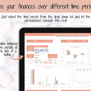 May include: A tablet screen showing a financial dashboard with charts and graphs. The display features a couples budget dashboard with income, expenses, and savings data. Text on the screen reads, "See your finances over different time periods!" and "Switch between time periods at the click of a button."
