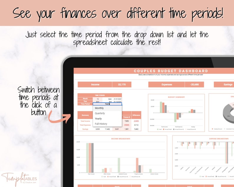 May include: A tablet screen showing a financial dashboard with charts and graphs. The display features a couples budget dashboard with income, expenses, and savings data. Text on the screen reads, "See your finances over different time periods!" and "Switch between time periods at the click of a button."