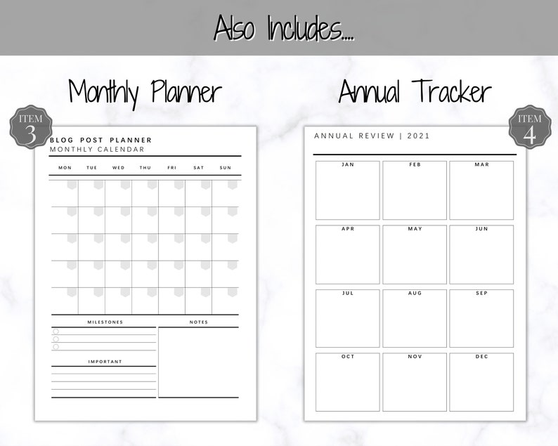 May include: Two white planner pages with black text. One page is a monthly calendar with the text "Blog Post Planner Monthly Calendar". The other page is an annual review with the text "Annual Review | 2021".
