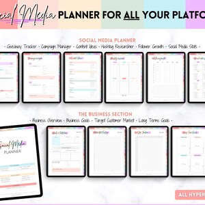 May include: A digital planner for social media with sections for giveaway tracking, campaign management, content ideas, hashtag research, follower growth, social media stats, business overview, business goals, target customer market, and long-term goals. The planner is designed with a pink, blue, and green color scheme and has the text "Social Media Planner" at the top.