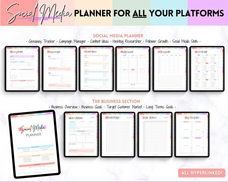May include: A digital planner for social media with sections for giveaway tracking, campaign management, content ideas, hashtag research, follower growth, social media stats, business overview, business goals, target customer market, and long-term goals. The planner is designed with a pink, blue, and green color scheme and has the text "Social Media Planner" at the top.