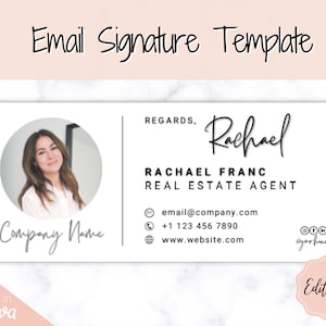 E-mailhandtekeningsjabloon met logo en foto! Bewerkbaar canvas-handtekeningontwerp. Minimalistisch, makelaarsmarketing, onroerend goed, professioneel, Gmail