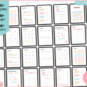 May include: A digital planner with 10+ templates, 30+ pages, and 45+ covers. The planner features a pastel colour scheme with pink, blue, and yellow accents. The planner is designed for goal setting and planning.