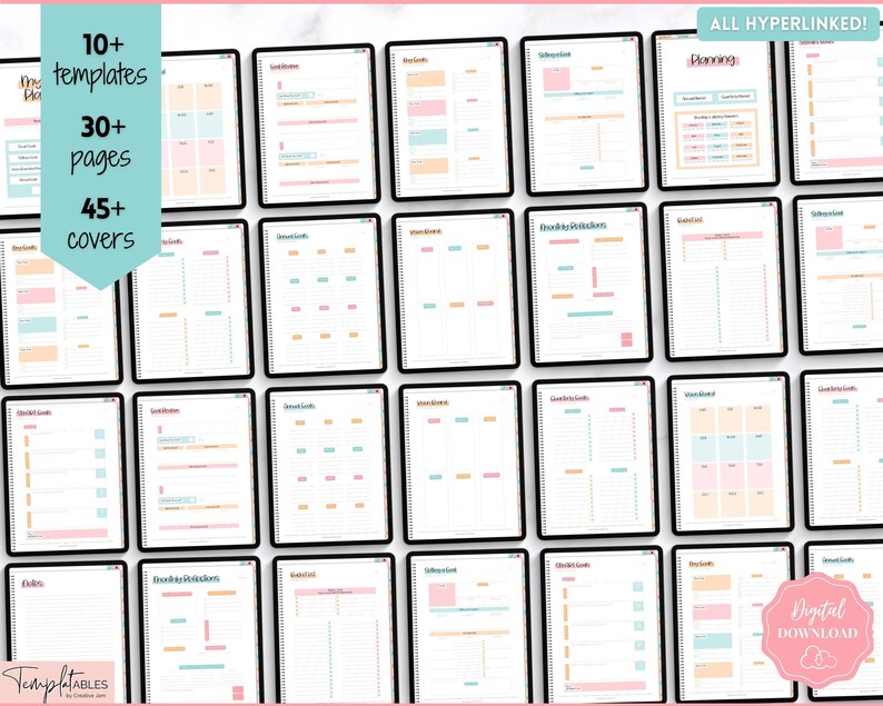 May include: A digital planner with 10+ templates, 30+ pages, and 45+ covers. The planner features a pastel colour scheme with pink, blue, and yellow accents. The planner is designed for goal setting and planning.