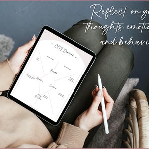 May include: A person using a digital tablet to complete a CBT Diamond worksheet. The worksheet is a diagram with five sections labeled "Thoughts", "Emotions", "Reactions", "Body Sensations", and "Behaviors". The text "Reflect on your thoughts, emotions, and behaviors" is written above the worksheet.