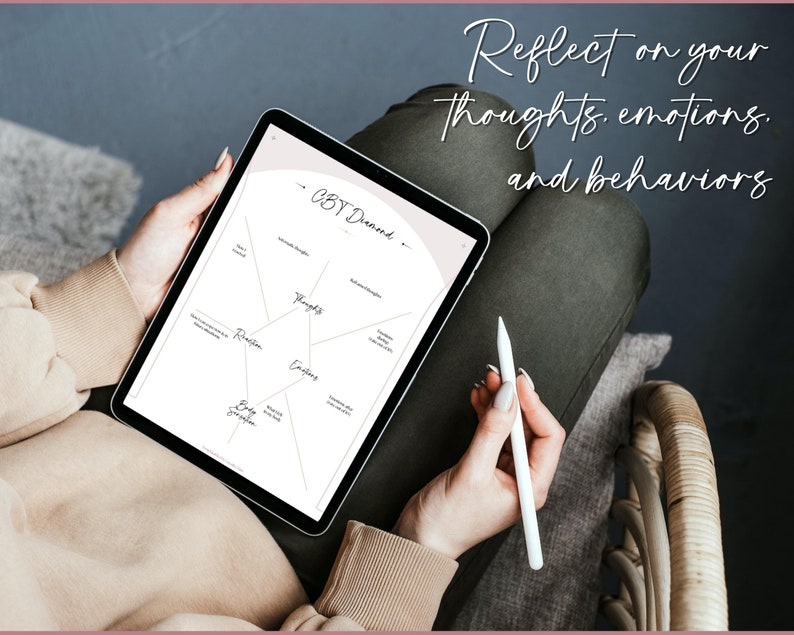 May include: A person using a digital tablet to complete a CBT Diamond worksheet. The worksheet is a diagram with five sections labeled "Thoughts", "Emotions", "Reactions", "Body Sensations", and "Behaviors". The text "Reflect on your thoughts, emotions, and behaviors" is written above the worksheet.