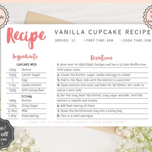 May include: A printable vanilla cupcake recipe card with a pink and white floral background. The recipe card includes a list of ingredients and directions for making vanilla cupcakes. The recipe card also includes a promotion for 50% off when you buy 3.