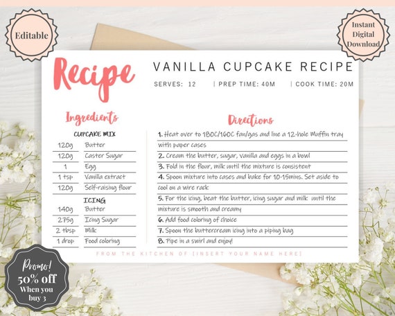 EDITABLE Recipe Card template, Recipe Template, Recipe Cards Printable, Simple, Retro, 4x6, Insert, Minimal, Sheet, Recipe Box, Sheet, Book