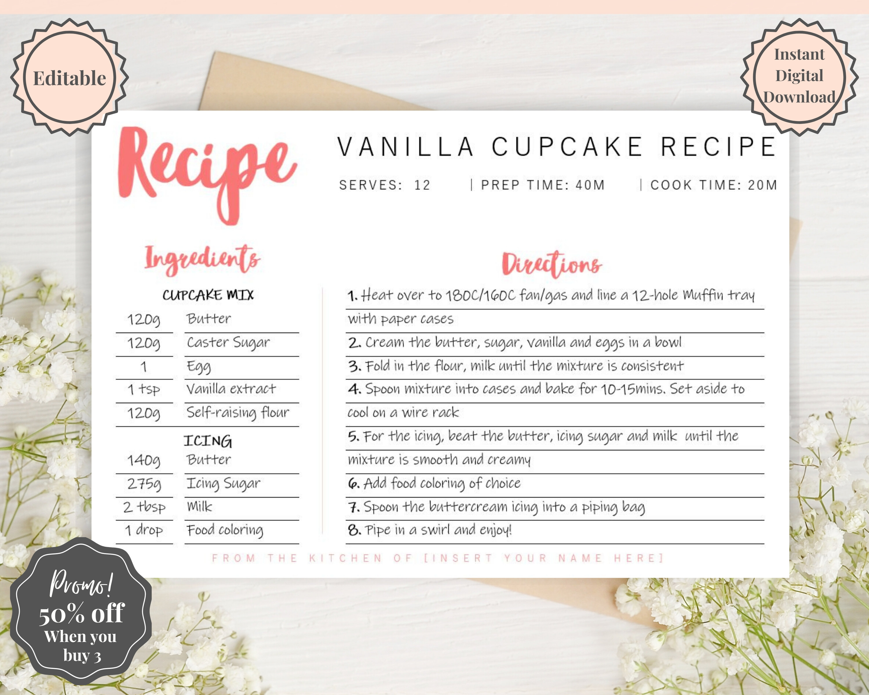 EDITABLE Recipe Card template, Recipe Template, Recipe Cards Printable,  Simple, Retro, 21x21, Insert, Minimal, Sheet, Recipe Box, Sheet, Book With Regard To Recipe Card Design Template