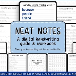 May include: Digital handwriting guide and workbook titled "NEAT NOTES" with various practice pages displayed on tablets. Includes sections for sentence starters, useful phrases, and everyday writing practice words. The guide aims to improve handwriting on the iPad.