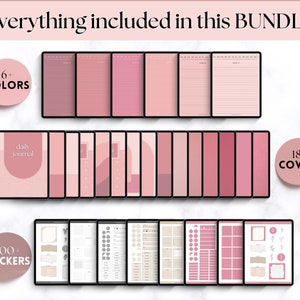 May include: A digital planner bundle with 6+ colors, 18+ covers, and 300+ stickers. The planner includes a daily journal, a calendar, and various other pages for planning and organizing. The planner is designed in a pink color scheme.