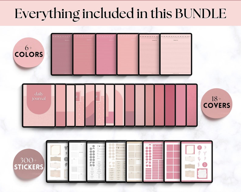 May include: A digital planner bundle with 6+ colors, 18+ covers, and 300+ stickers. The planner includes a daily journal, a calendar, and various other pages for planning and organizing. The planner is designed in a pink color scheme.